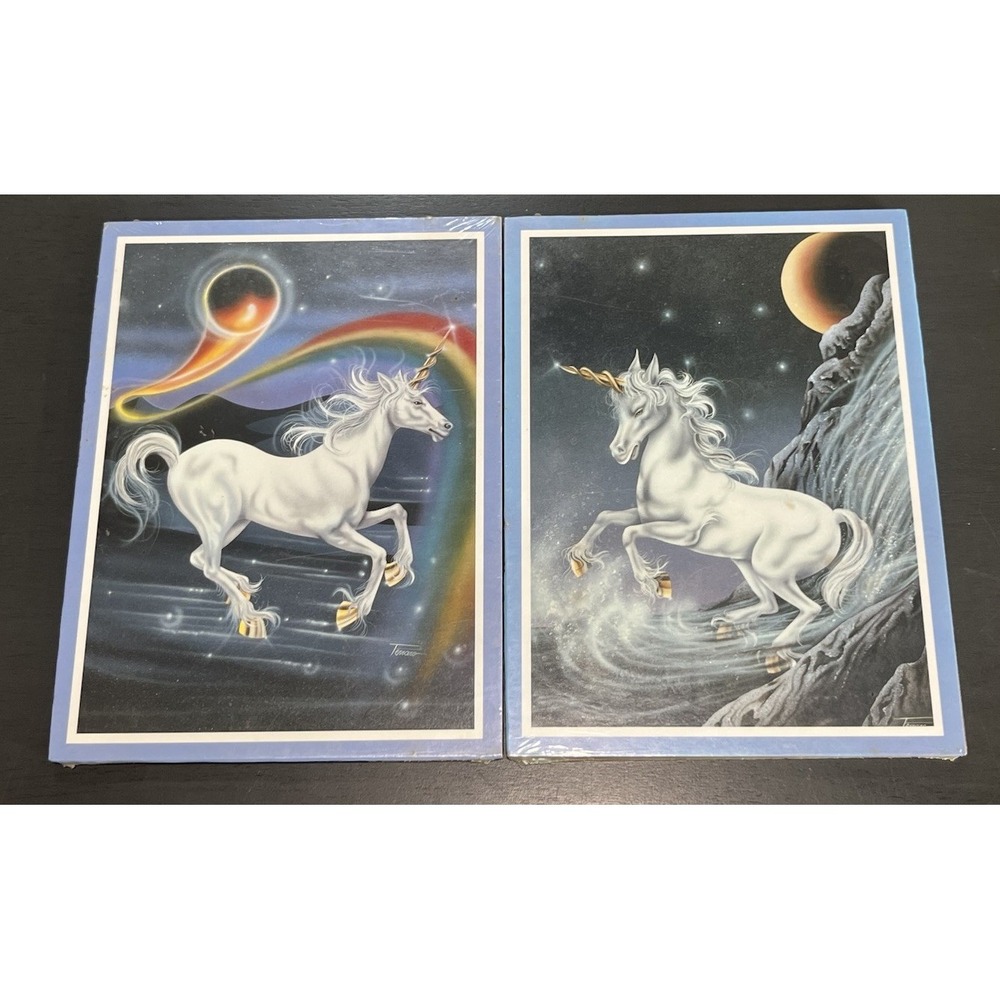 Vtg Unicorn Wall Decor Wooden Plaque Board Picture Lot Of 2